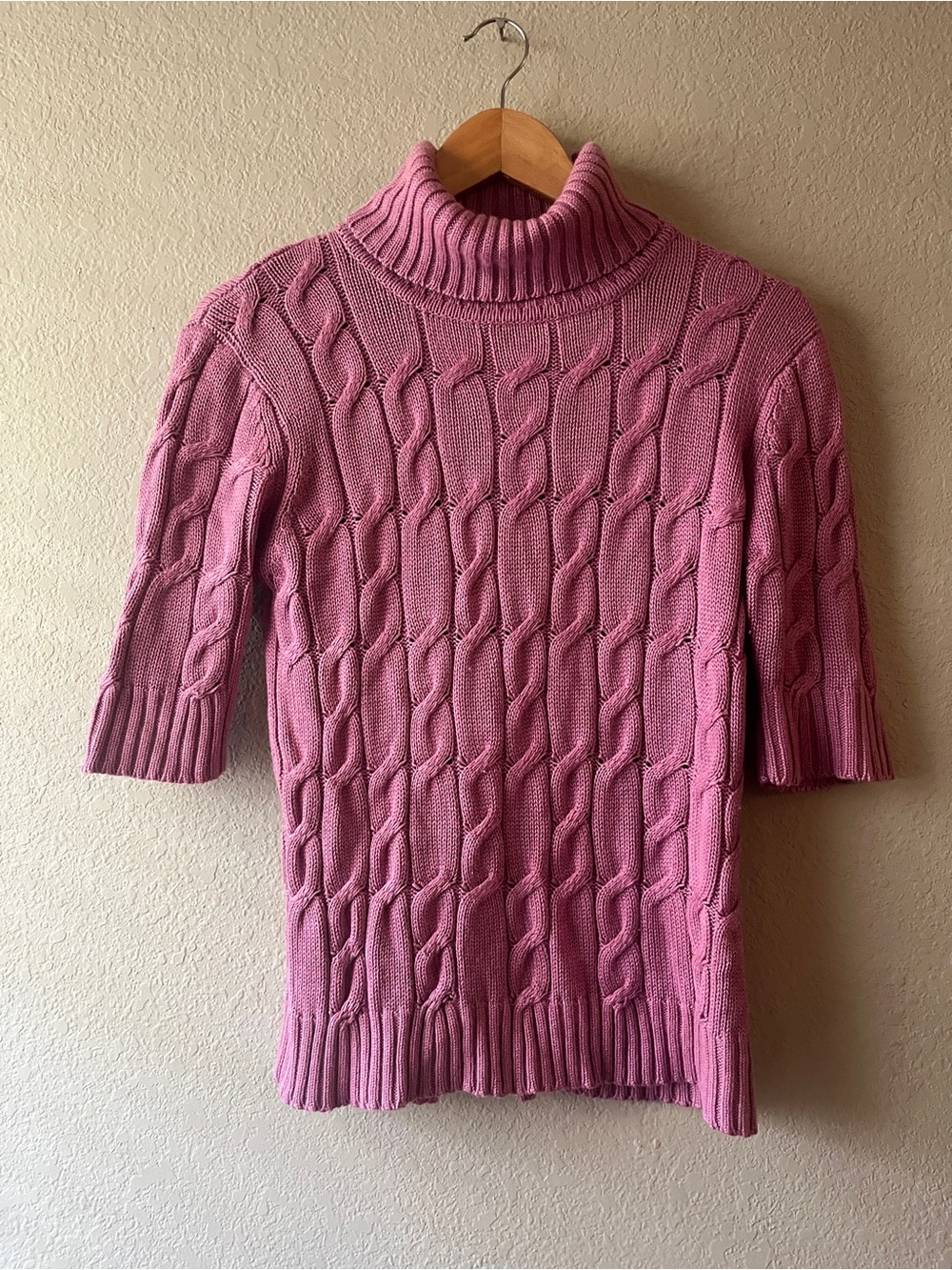 Mark Shale Silk + Cashmere Knit Sweatee Hot Pink Cabled Turtleneck Sweater Large